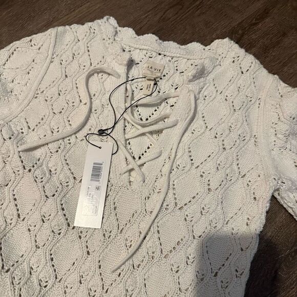 La Vie Rebecca Taylor Cream Crochet Dress Wool Blend With Lace Up Neck New XS - Picture 3 of 11